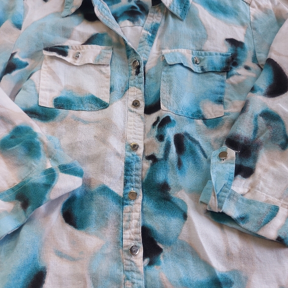 JM Collection Floral Abstract Blue White Linen Button Up 3/4 Sleeve, 4P - Picture 2 of 8